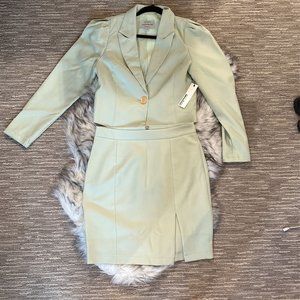 Green Crop Blazer Suit Set with Skirt